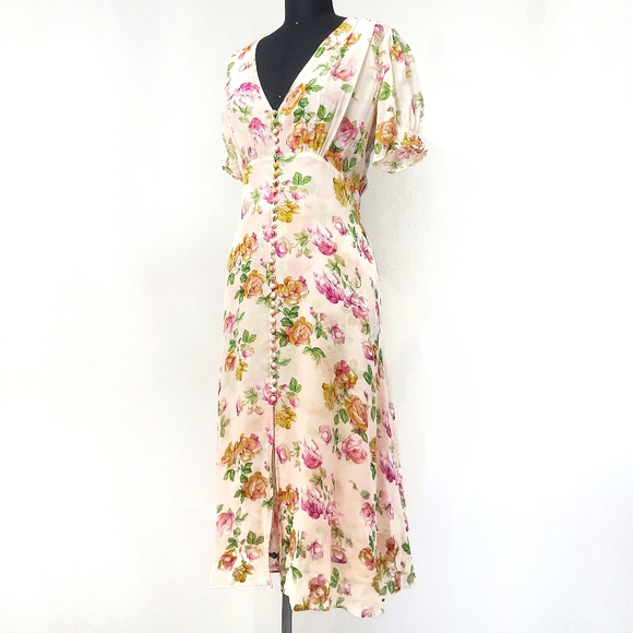 The Kooples Antique Florals Silk Puff Sleeve Slip Midi Dress - Picture 7 of 13